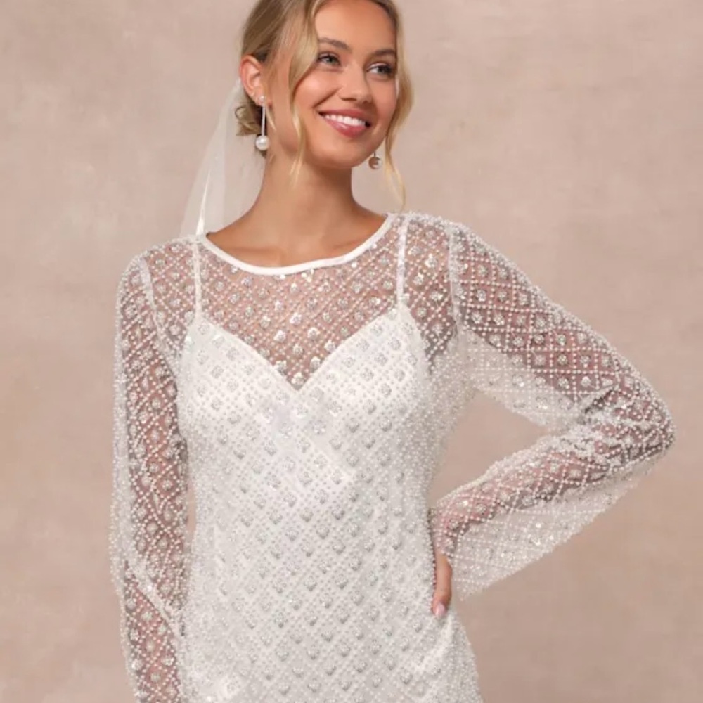 Lulus Glowing Charisma White Sequin Pearl Mesh Long Sleeve Mini Dress
